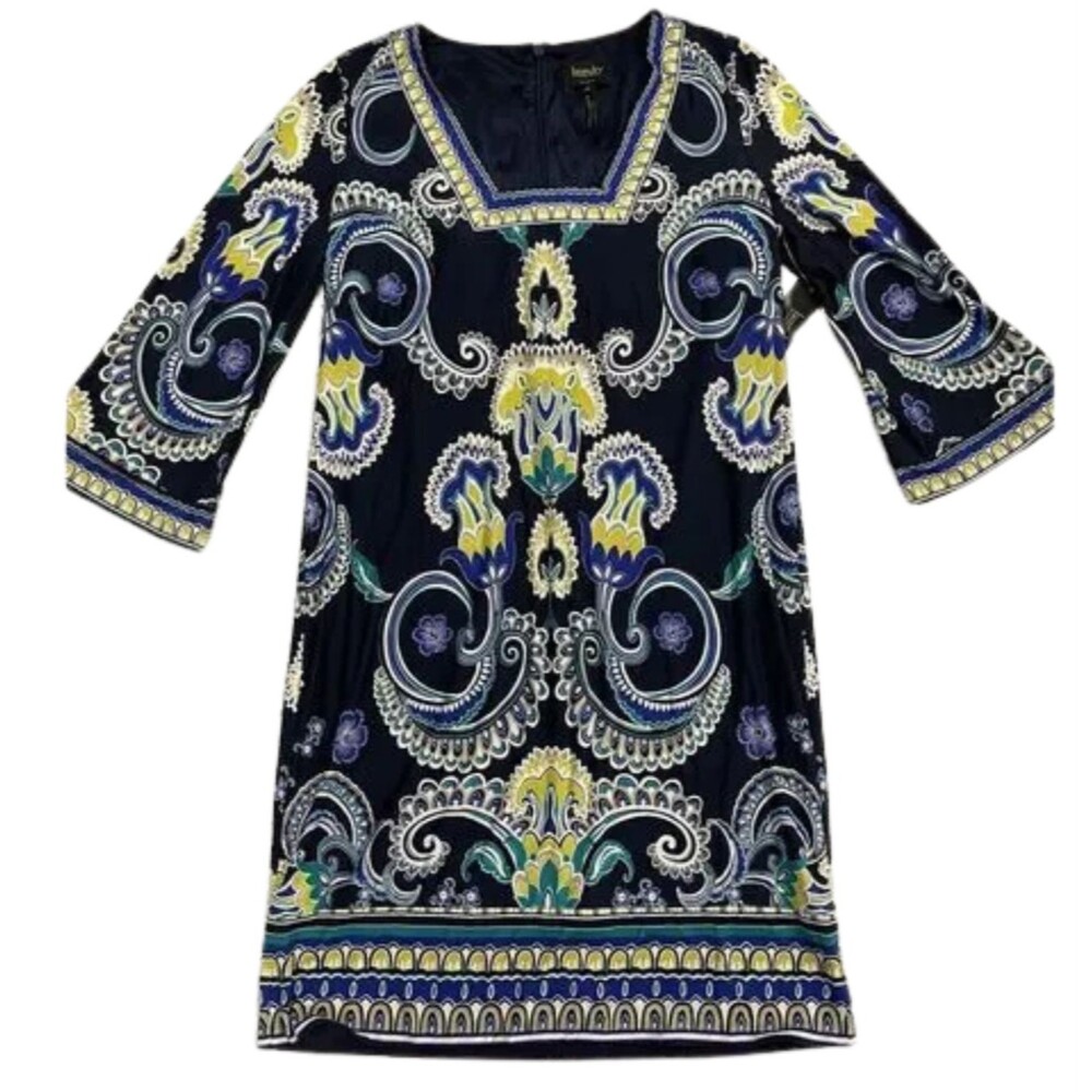 Laundry by Shelli Segal Three Quarter Sleeve Square Neck Graphic Dress Sz 2 Boho
